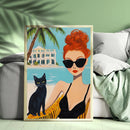 Acrylic Painting Woman And Black Cat - Living Room - Canvas Wall Art - Print - Wall Decor