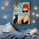 Acrylic Painting Woman And Black Cat - Living Room - Canvas Wall Art - Print - Wall Decor