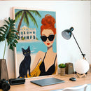 Acrylic Painting Woman And Black Cat - Living Room - Canvas Wall Art - Print - Wall Decor