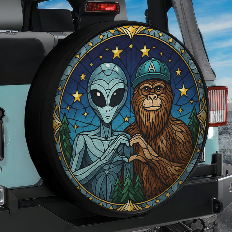 Alien And Bigfoot Stained Glass Jeep Car Spare Tire Cover
