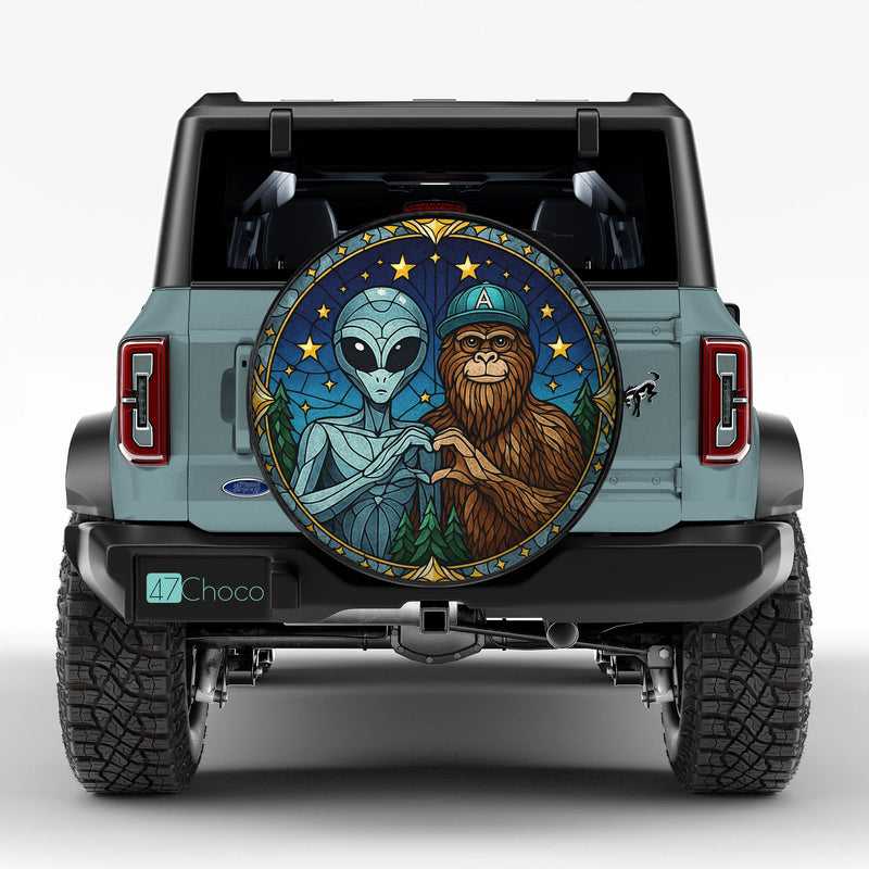 Alien And Bigfoot Stained Glass Jeep Car Spare Tire Cover