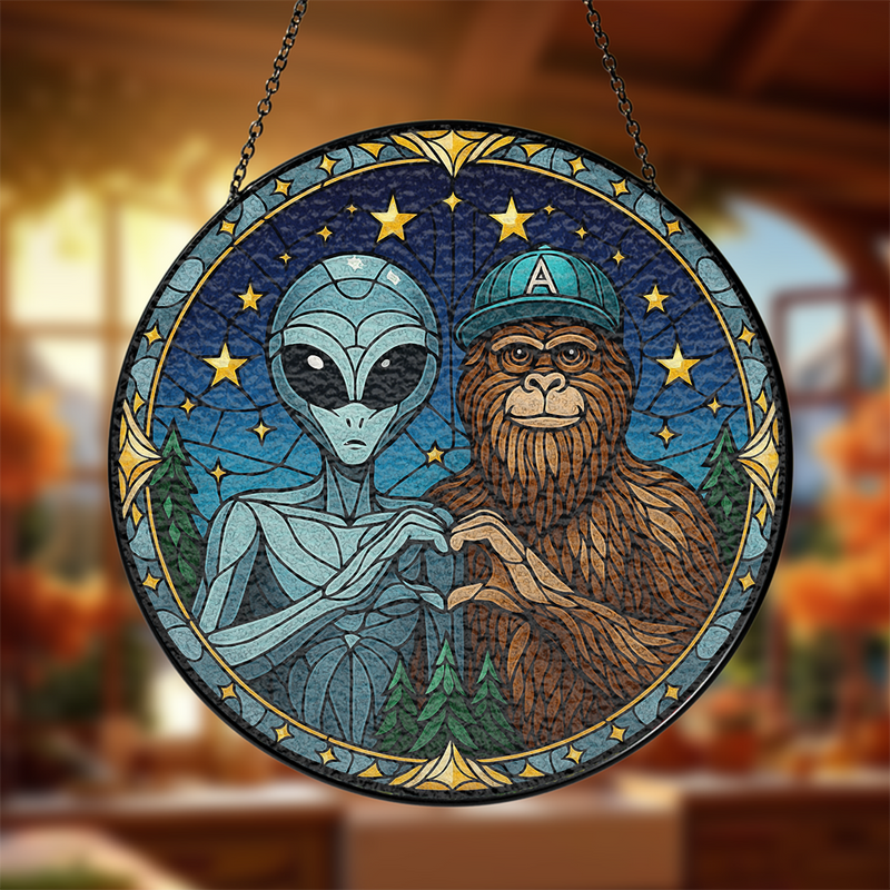 Alien And Bigfoot Stained Glass Suncatcher