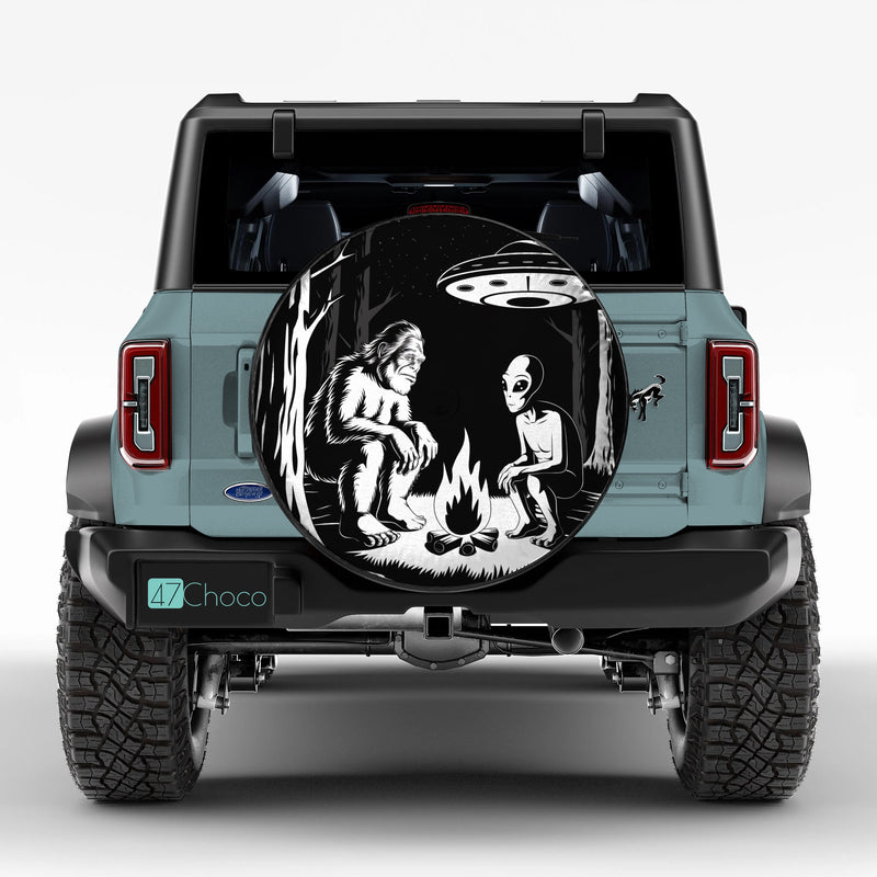 Aliens and Bigfoot Camping Jeep Car Spare Tire Cover