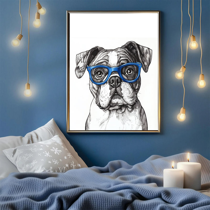 An Adorable Bulldog Wearing Blue Glasses - Living Room - Canvas Wall Art - Print - Wall Decor