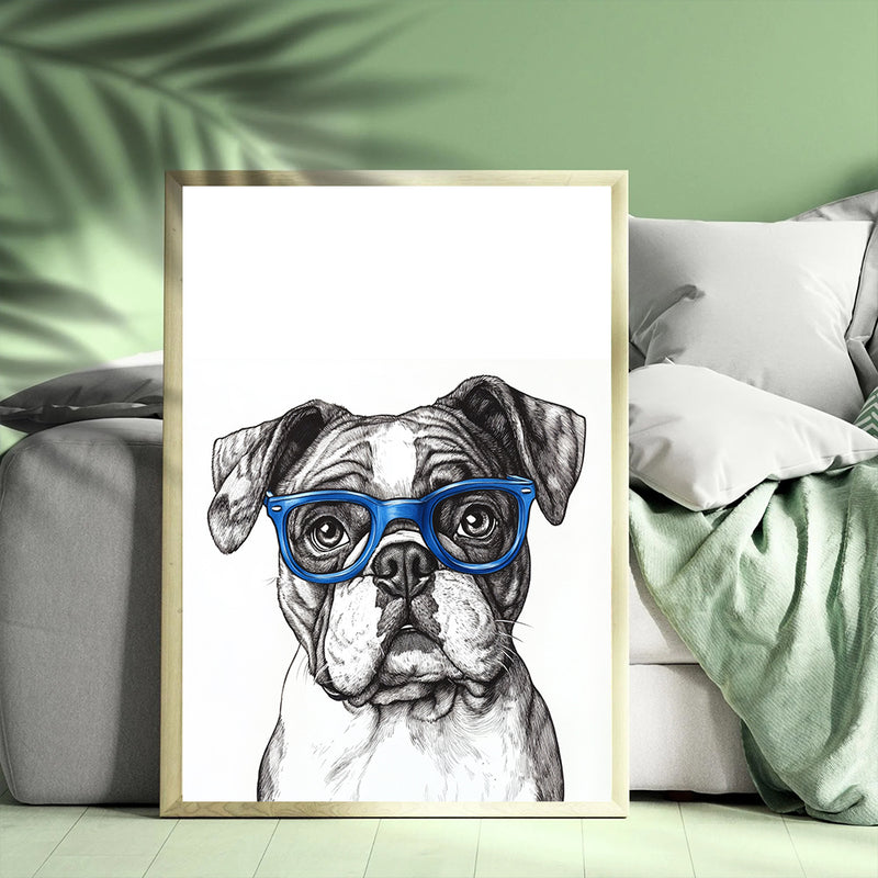 An Adorable Bulldog Wearing Blue Glasses - Living Room - Canvas Wall Art - Print - Wall Decor