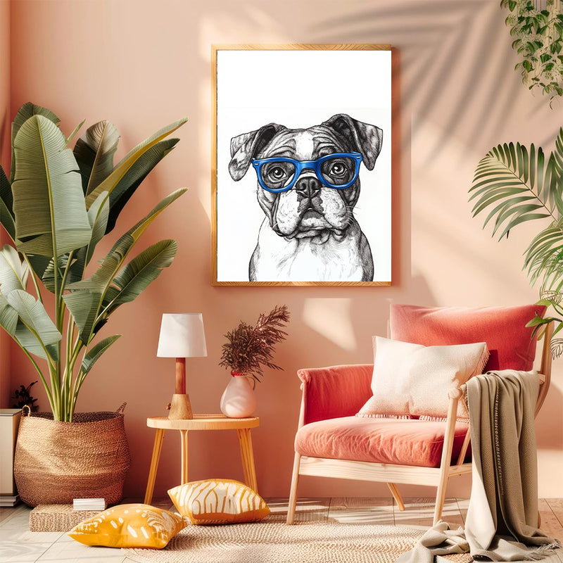 An Adorable Bulldog Wearing Blue Glasses - Living Room - Canvas Wall Art - Print - Wall Decor