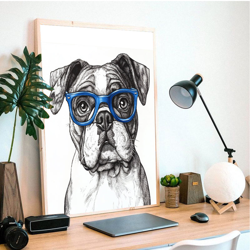 An Adorable Bulldog Wearing Blue Glasses - Living Room - Canvas Wall Art - Print - Wall Decor