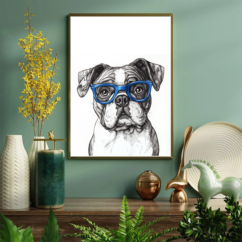 An Adorable Bulldog Wearing Blue Glasses - Living Room - Canvas Wall Art - Print - Wall Decor