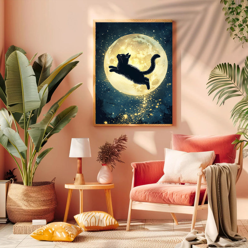 An Cute Kitten Cat Flying To The Moon - Living Room - Canvas Wall Art - Print - Wall Decor