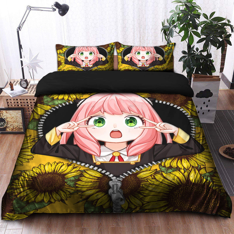 Anya Cute Spy X Family Sunflower Zipper Bedding Set Duvet Cover And 2 Pillowcases Nearkii