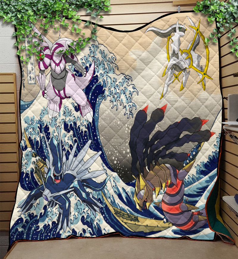 Arceus Vs Giratina Palkia Dialga Pokemon The Great Wave Mockup Quilt Blanket