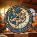 Astronaut On The Moon White Round Stained Glass Suncatcher