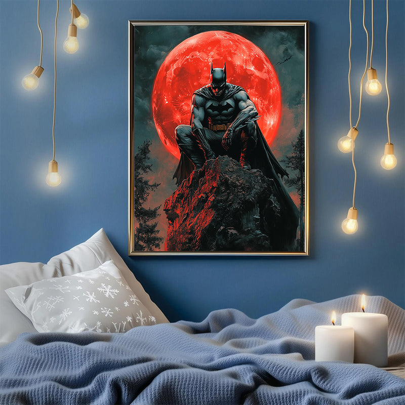 Batman Sillohetted Red Moon - Living Room - Canvas Wall Art - Print - Wall Decor