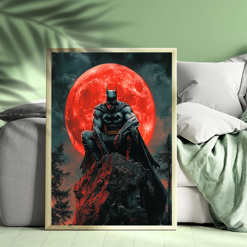 Batman Sillohetted Red Moon - Living Room - Canvas Wall Art - Print - Wall Decor