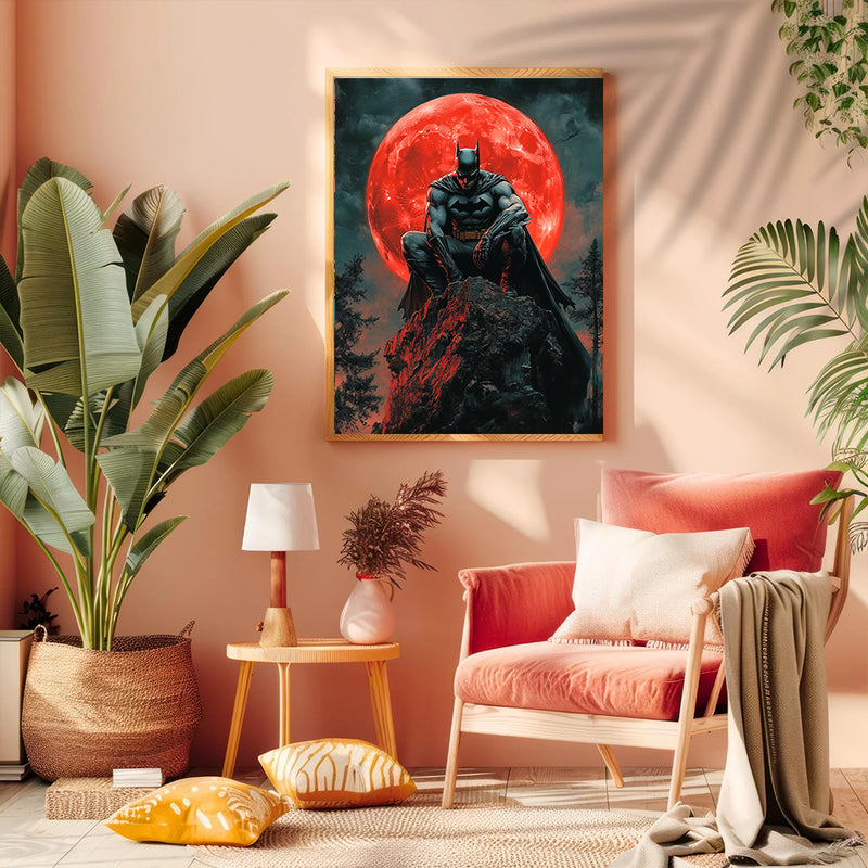 Batman Sillohetted Red Moon - Living Room - Canvas Wall Art - Print - Wall Decor