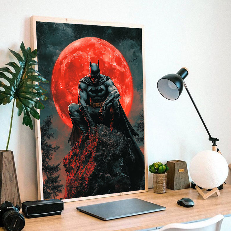 Batman Sillohetted Red Moon - Living Room - Canvas Wall Art - Print - Wall Decor