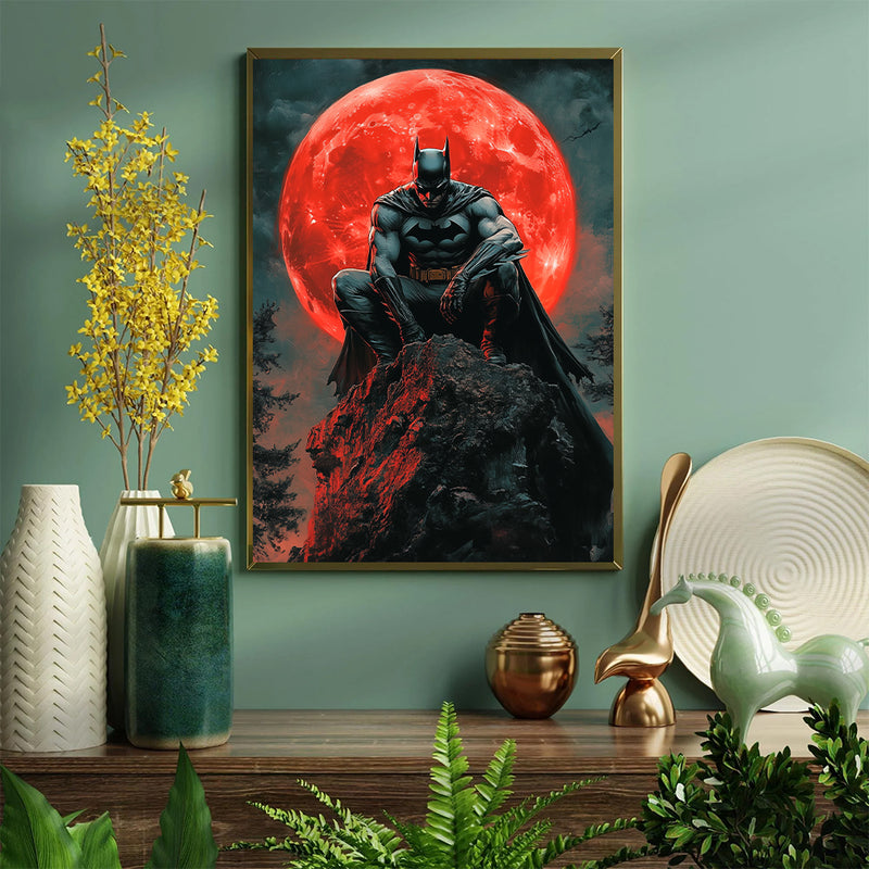 Batman Sillohetted Red Moon - Living Room - Canvas Wall Art - Print - Wall Decor