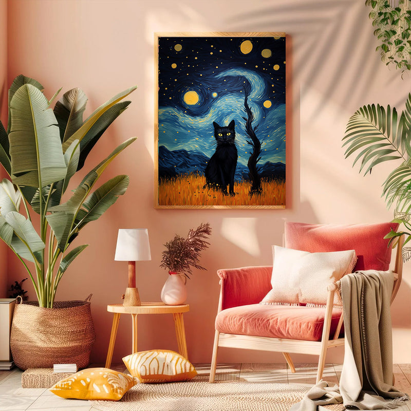 Black Cat Van Gogh Style Starry Night - Living Room - Canvas Wall Art - Print - Wall Decor