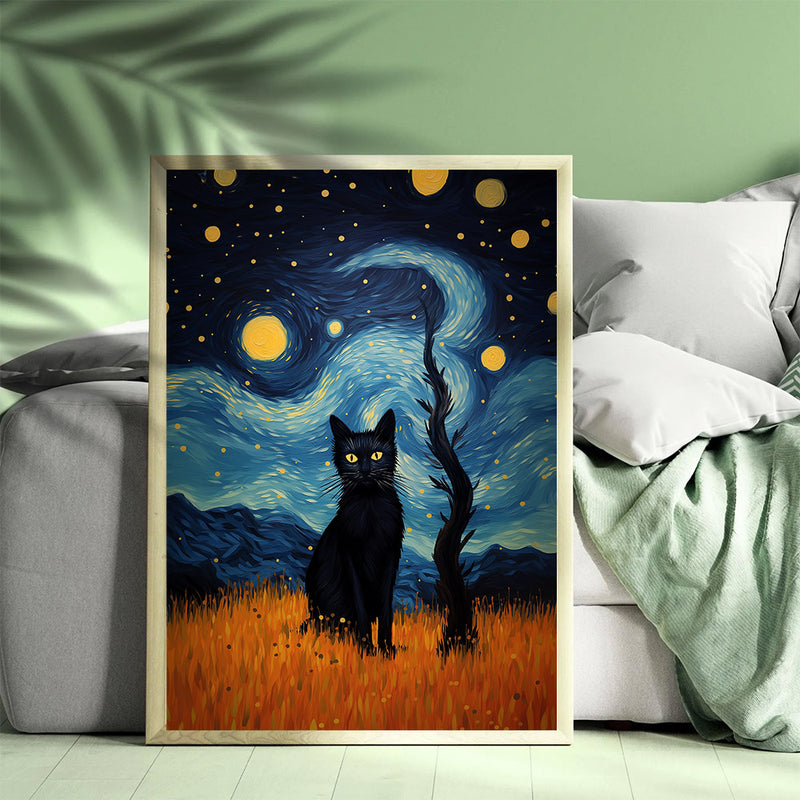 Black Cat Van Gogh Style Starry Night - Living Room - Canvas Wall Art - Print - Wall Decor