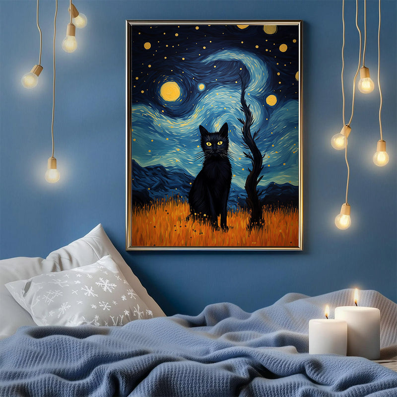 Black Cat Van Gogh Style Starry Night - Living Room - Canvas Wall Art - Print - Wall Decor