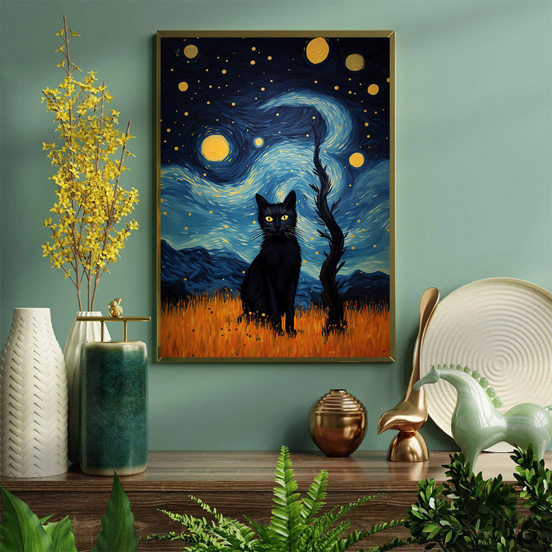 Black Cat Van Gogh Style Starry Night - Living Room - Canvas Wall Art - Print - Wall Decor