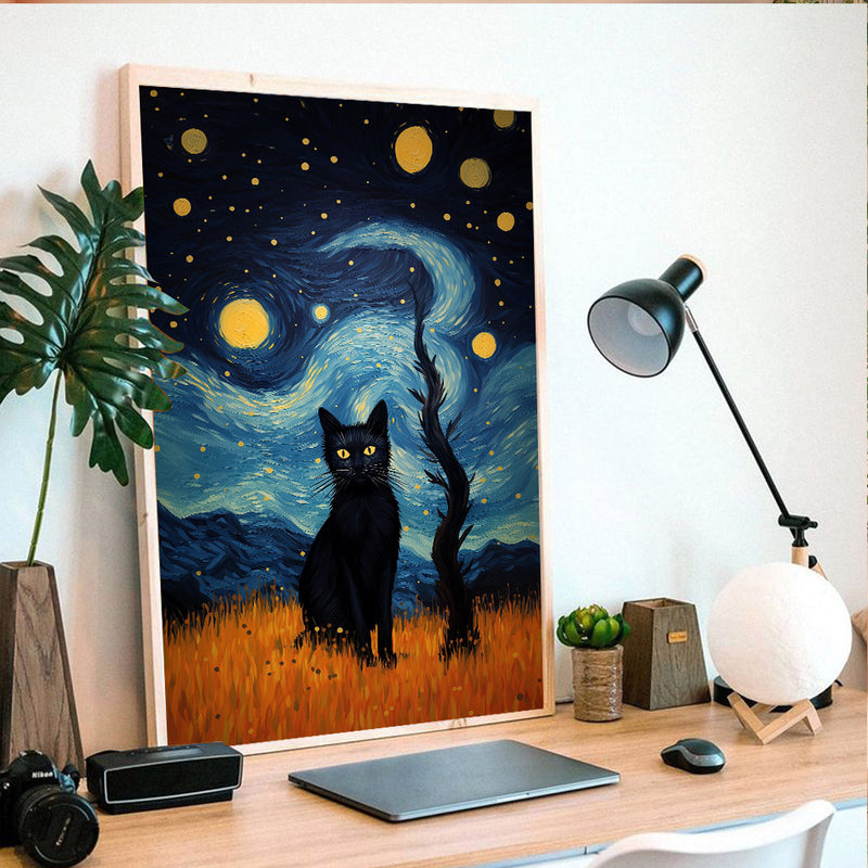 Black Cat Van Gogh Style Starry Night - Living Room - Canvas Wall Art - Print - Wall Decor