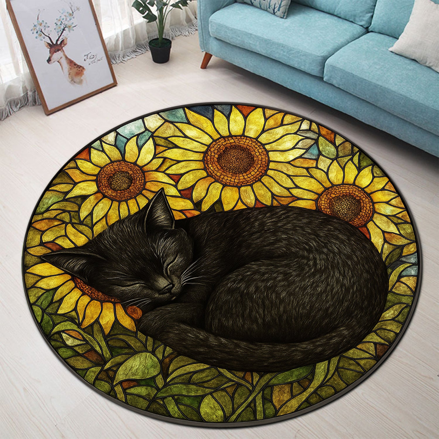 Black Cat Sunflower Stained Glass Round Rug