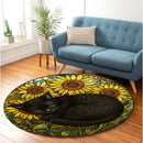 Black Cat Sunflower Stained Glass Round Rug