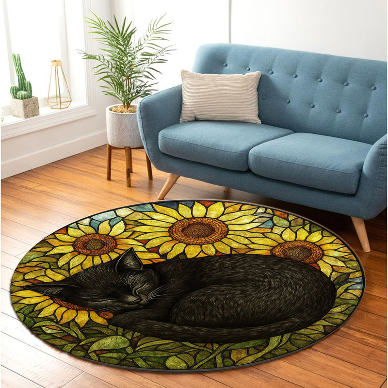 Black Cat Sunflower Stained Glass Round Rug