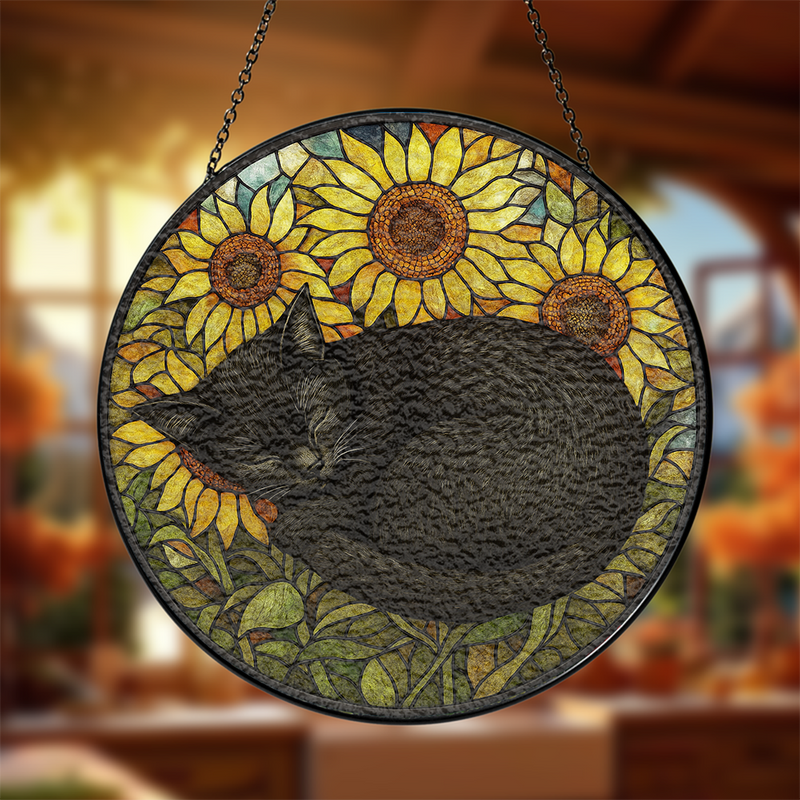 Black Cat Sunflower Stained Glass Suncatcher