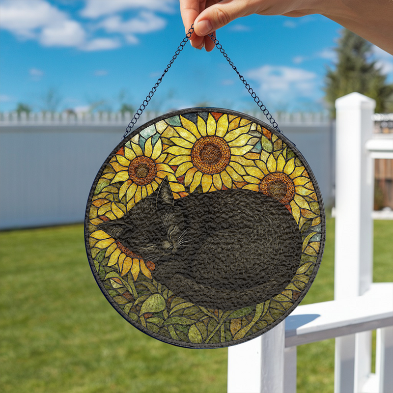 Black Cat Sunflower Stained Glass Suncatcher