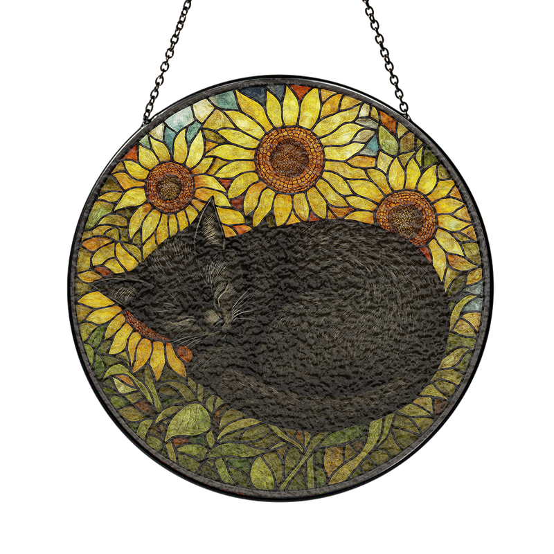 Black Cat Sunflower Stained Glass Suncatcher