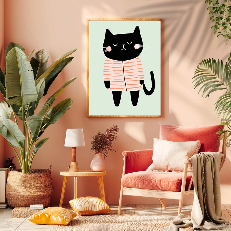 Black Cat Wearing Pink Striped Pyjamas - Living Room - Canvas Wall Art - Print - Wall Decor