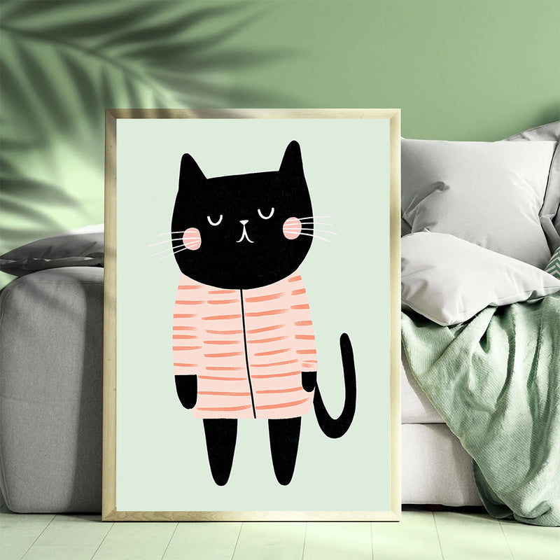 Black Cat Wearing Pink Striped Pyjamas - Living Room - Canvas Wall Art - Print - Wall Decor