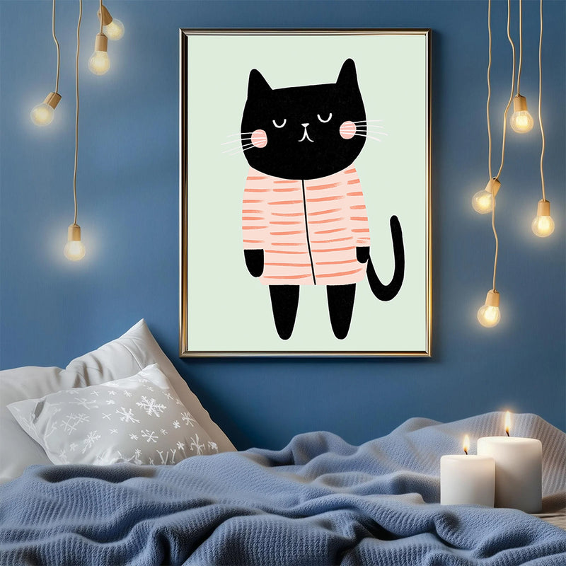 Black Cat Wearing Pink Striped Pyjamas - Living Room - Canvas Wall Art - Print - Wall Decor