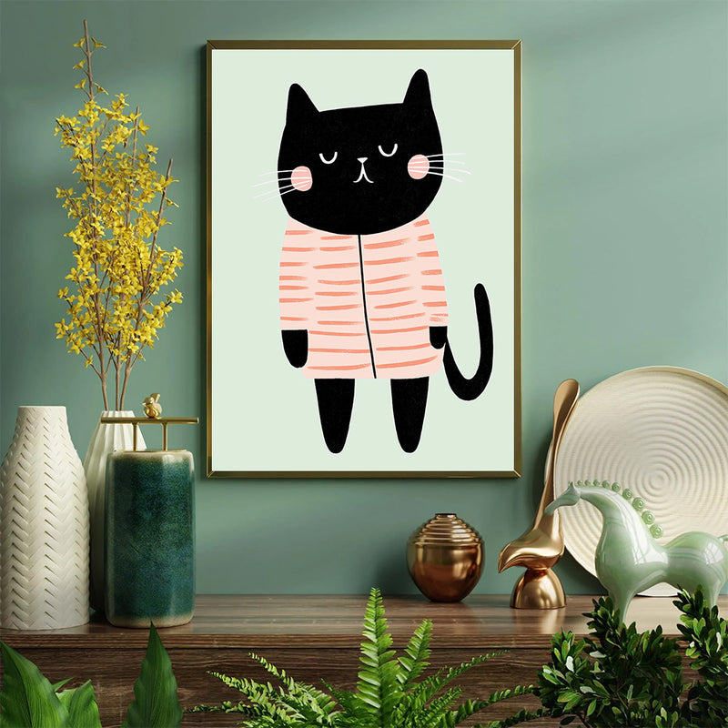 Black Cat Wearing Pink Striped Pyjamas - Living Room - Canvas Wall Art - Print - Wall Decor