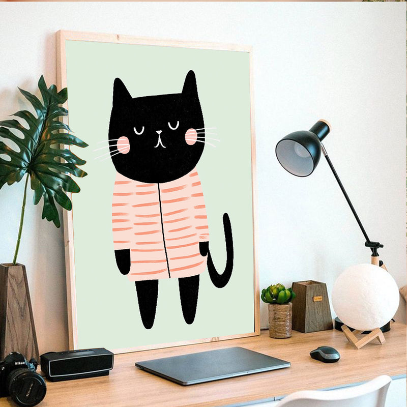 Black Cat Wearing Pink Striped Pyjamas - Living Room - Canvas Wall Art - Print - Wall Decor