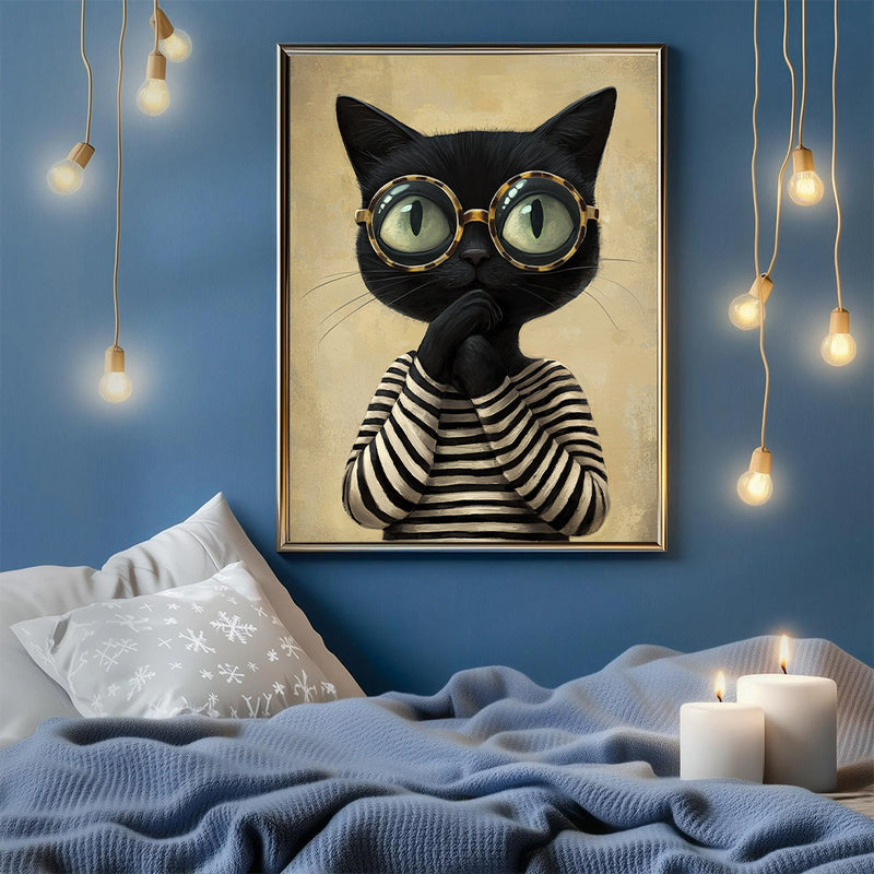 Black Cat Wearing T Shirt - Living Room - Canvas Wall Art - Print - Wall Decor