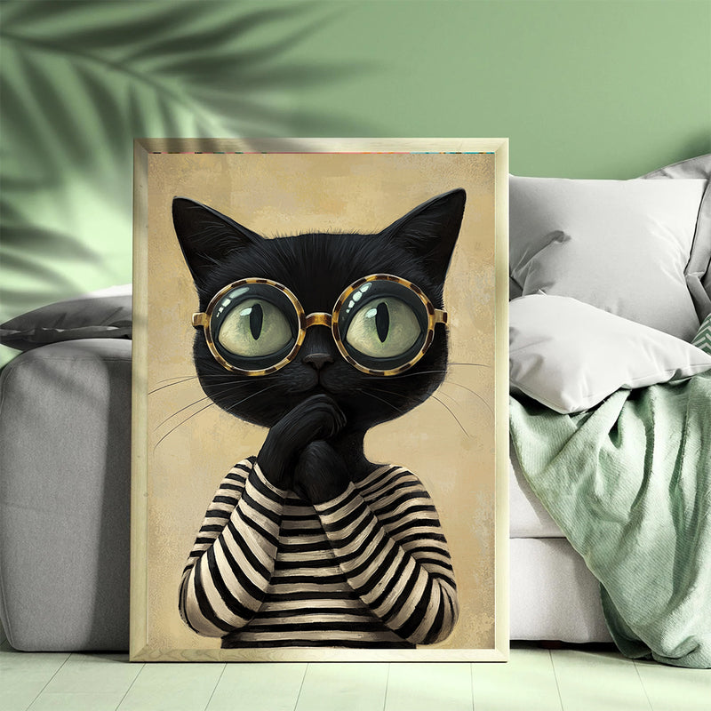 Black Cat Wearing T Shirt - Living Room - Canvas Wall Art - Print - Wall Decor