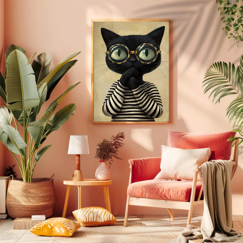 Black Cat Wearing T Shirt - Living Room - Canvas Wall Art - Print - Wall Decor