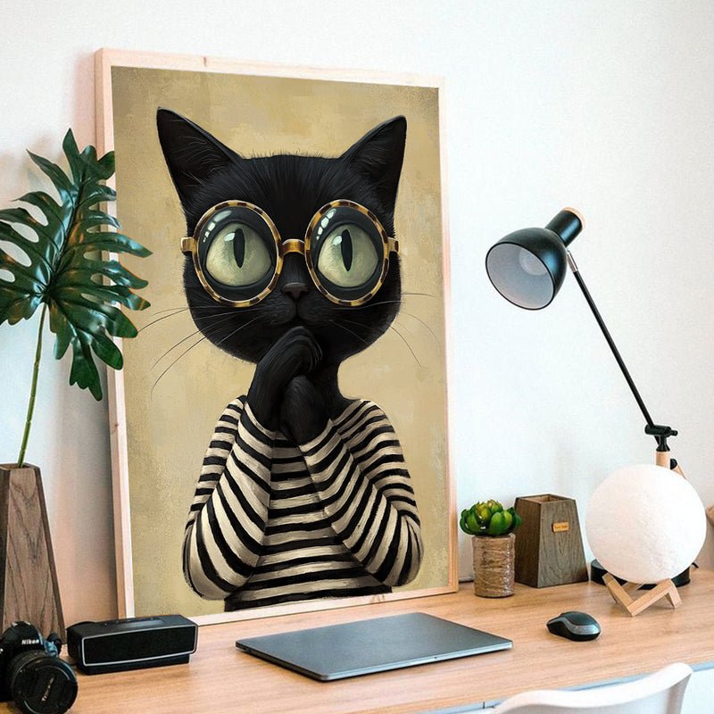 Black Cat Wearing T Shirt - Living Room - Canvas Wall Art - Print - Wall Decor