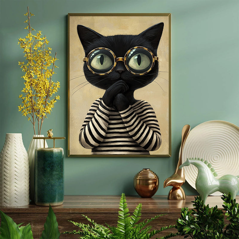 Black Cat Wearing T Shirt - Living Room - Canvas Wall Art - Print - Wall Decor