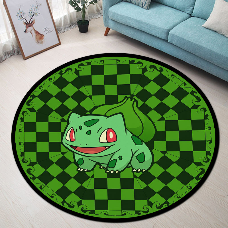 Bulbasaur Pokemon Green Checkered Round Rug