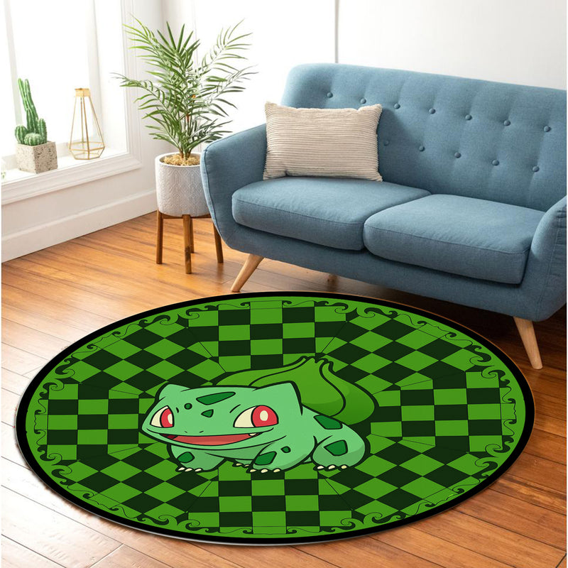 Bulbasaur Pokemon Green Checkered Round Rug