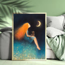 Cat And Girl In Moon Night Watercolor - Living Room - Canvas Wall Art - Print - Wall Decor