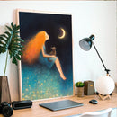 Cat And Girl In Moon Night Watercolor - Living Room - Canvas Wall Art - Print - Wall Decor