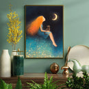 Cat And Girl In Moon Night Watercolor - Living Room - Canvas Wall Art - Print - Wall Decor