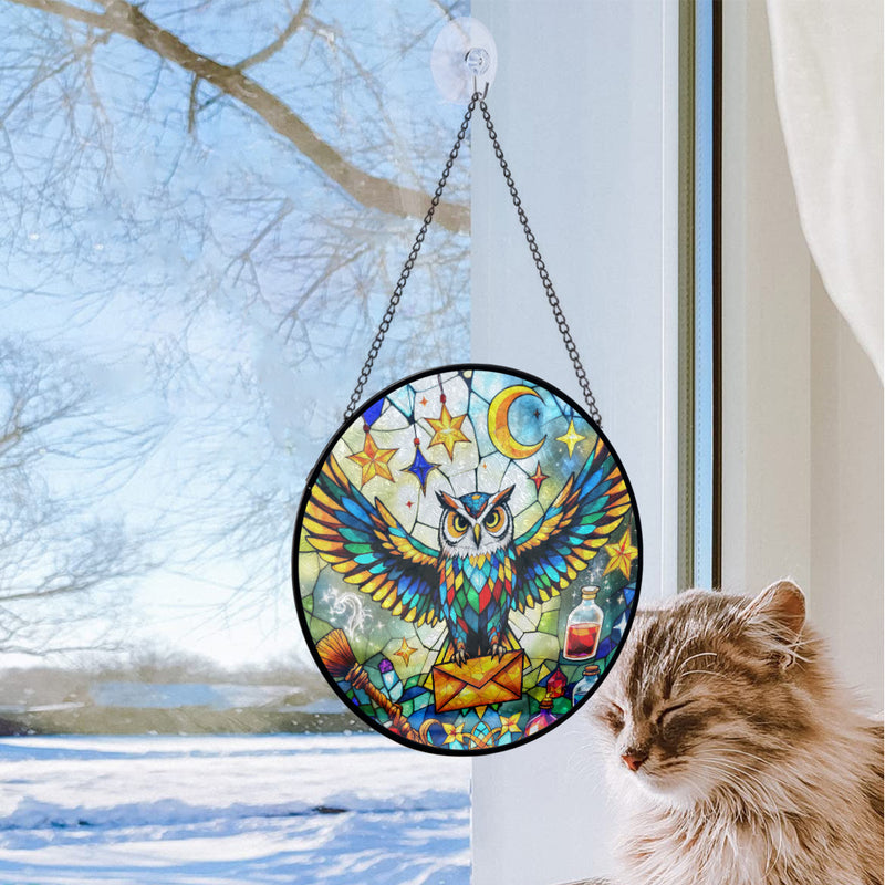 Colorfull Owl Round Stained Glass Window Hanging Panel Suncatcher