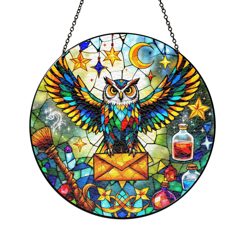 Colorfull Owl Round Stained Glass Window Hanging Panel Suncatcher