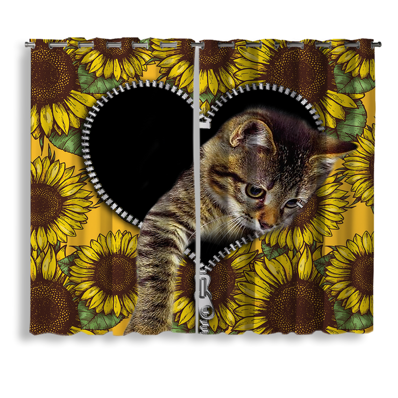 Cute Cat Sunflower Zipper Window Curtain